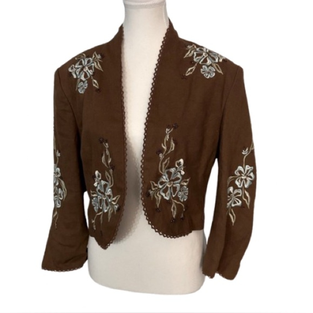 Vintage Embroidered Linen Brown Women's Crop Jacket Central Park 12 Floral Open